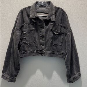 Blue B Dark Distressed Cropped Denim Jacket with Rhinestone Fringe Size M/L. EUC